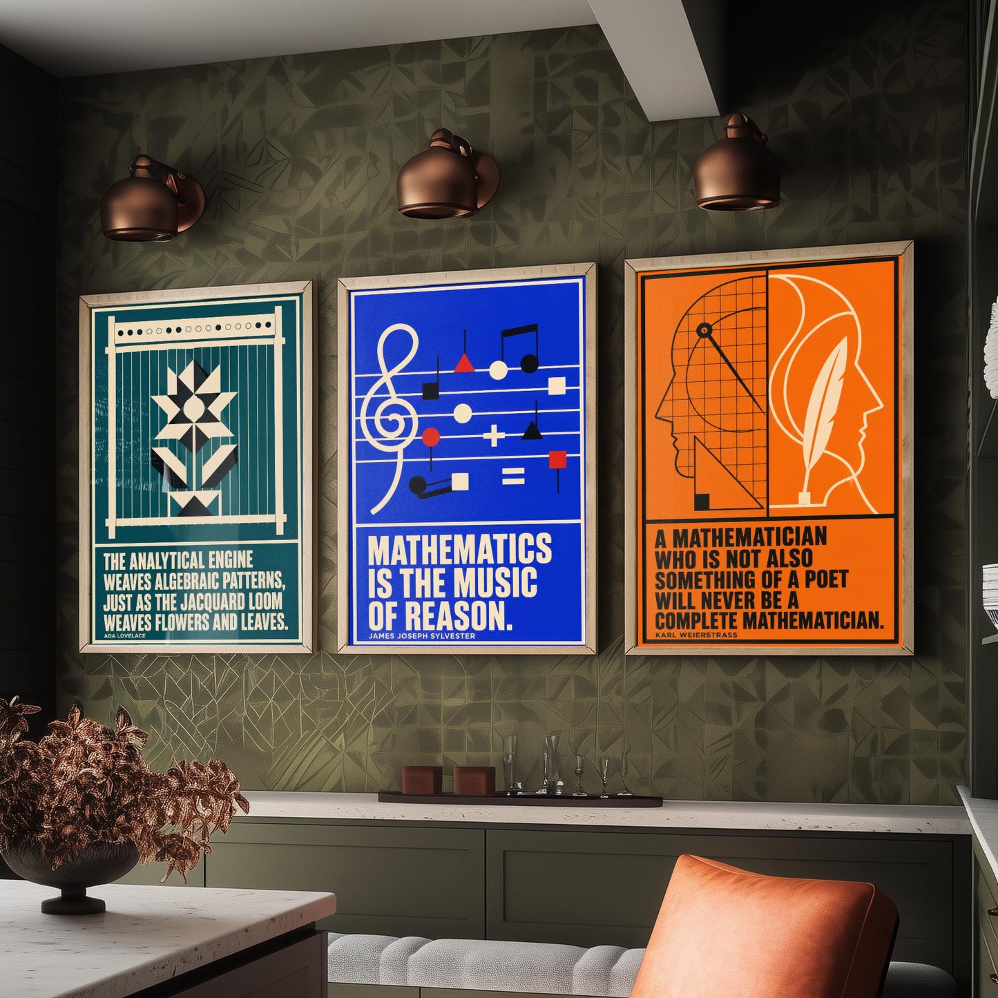 Mathematics Quotes Set of Three Art Prints - 3 Retro Bauhaus Maths Posters - Minimalist Science Wall Art Illustration V2