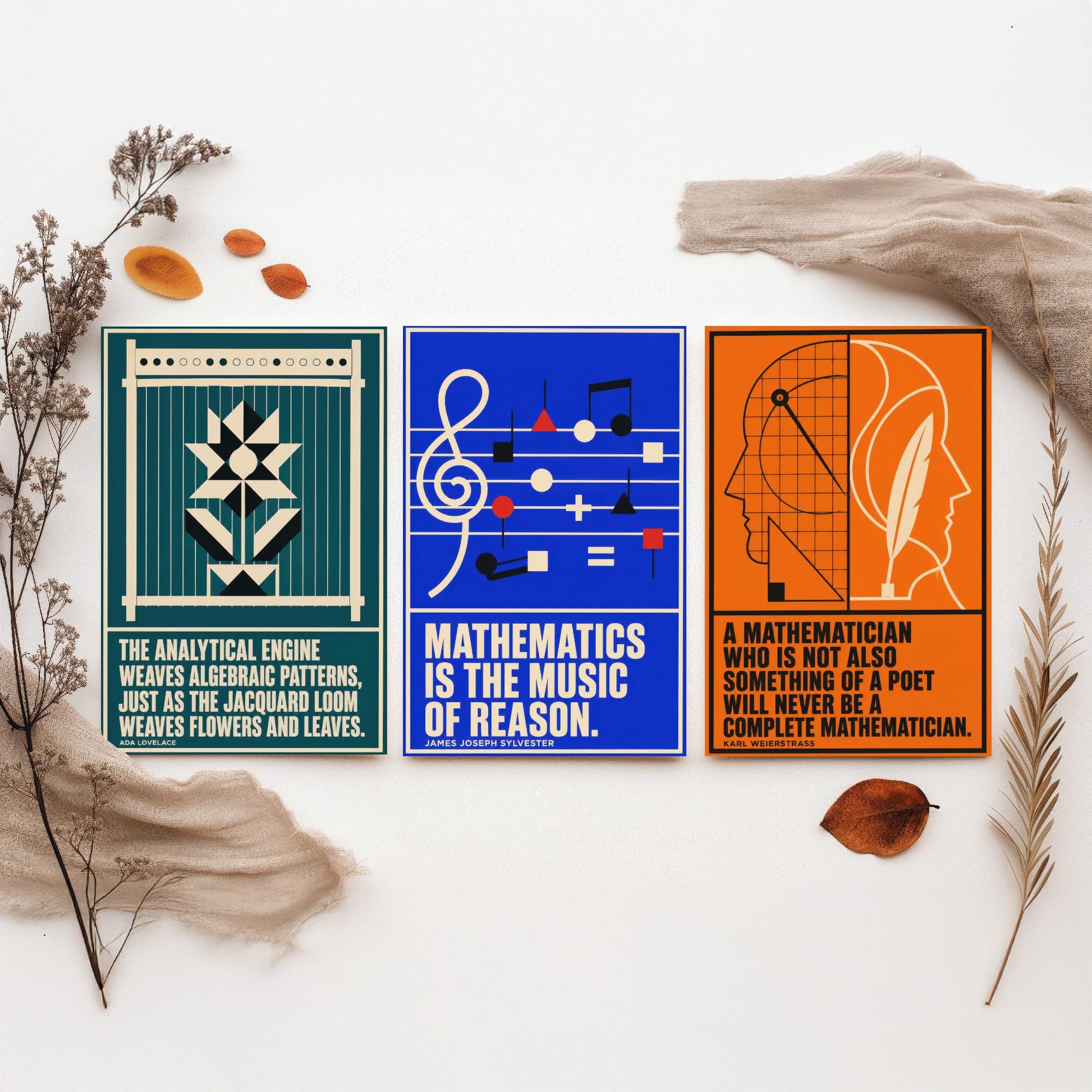 Mathematics Quotes Set of Three Art Prints - 3 Retro Bauhaus Maths Posters - Minimalist Science Wall Art Illustration V2