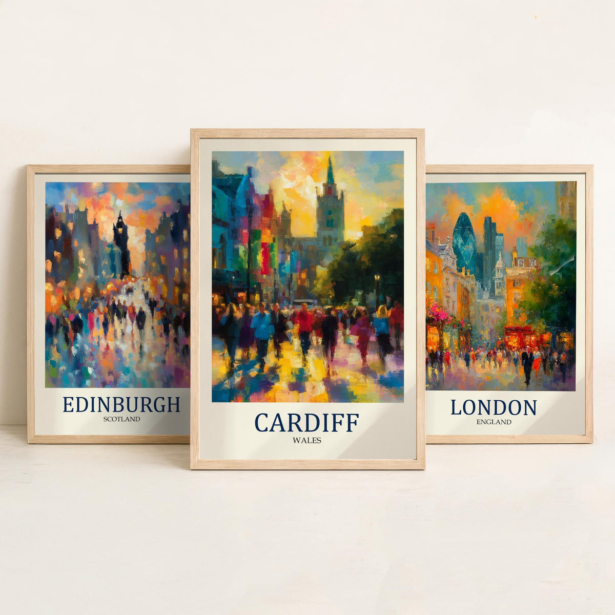 UK Capital Cities Set of Three Art Prints - Edinburgh London Cardiff - 3 Impressionist Posters - Fauvist Cityscape Painting Gift