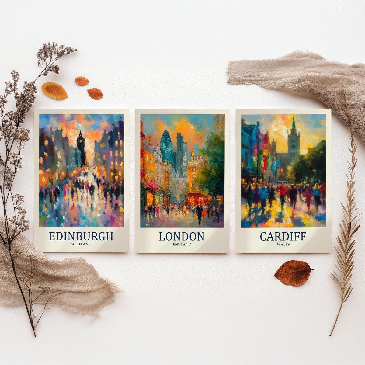 UK Capital Cities Set of Three Art Prints - Edinburgh London Cardiff - 3 Impressionist Posters - Fauvist Cityscape Painting Gift