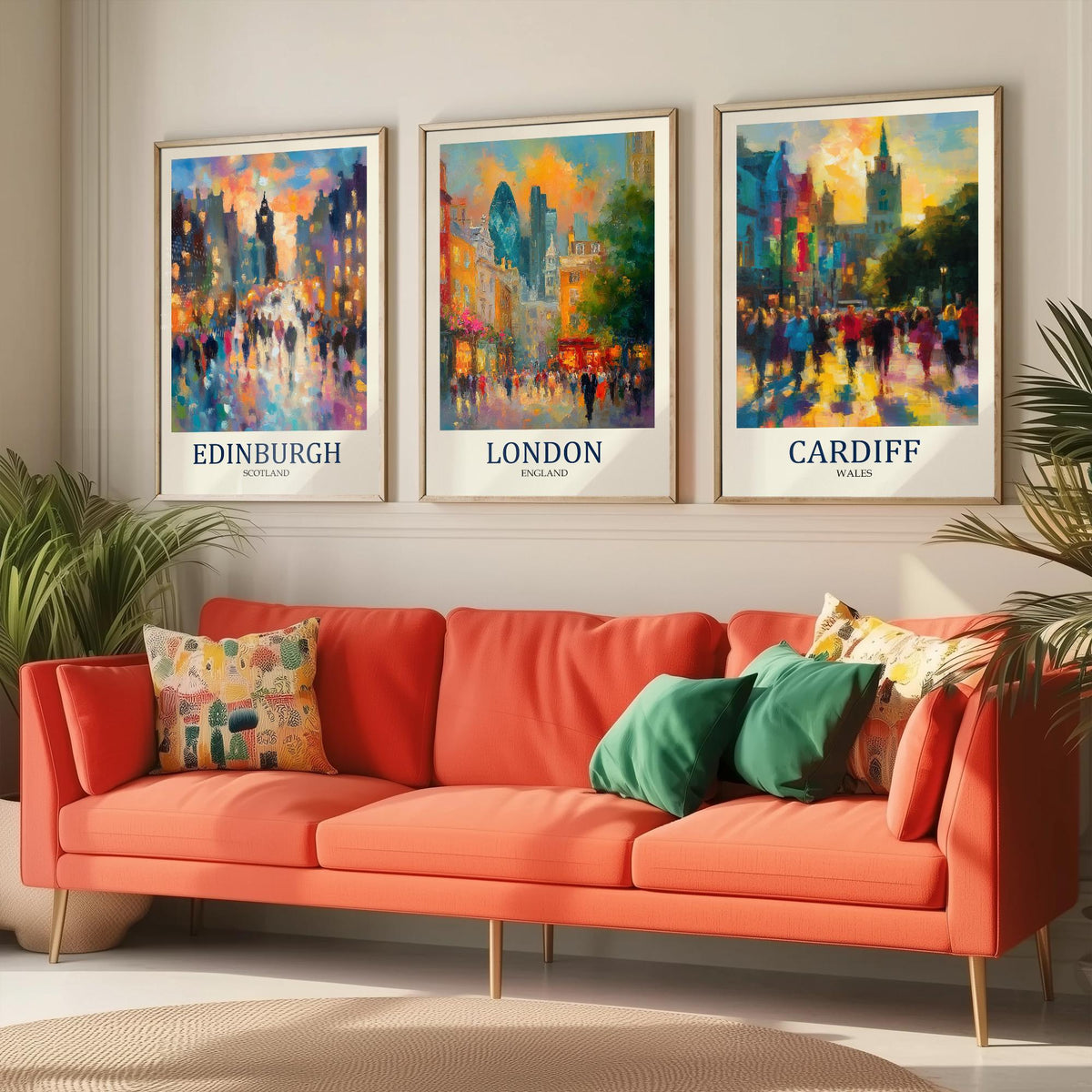 UK Capital Cities Set of Three Art Prints - Edinburgh London Cardiff - 3 Impressionist Posters - Fauvist Cityscape Painting Gift