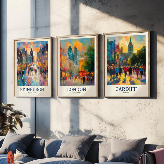 UK Capital Cities Set of Three Art Prints - Edinburgh London Cardiff - 3 Impressionist Posters - Fauvist Cityscape Painting Gift