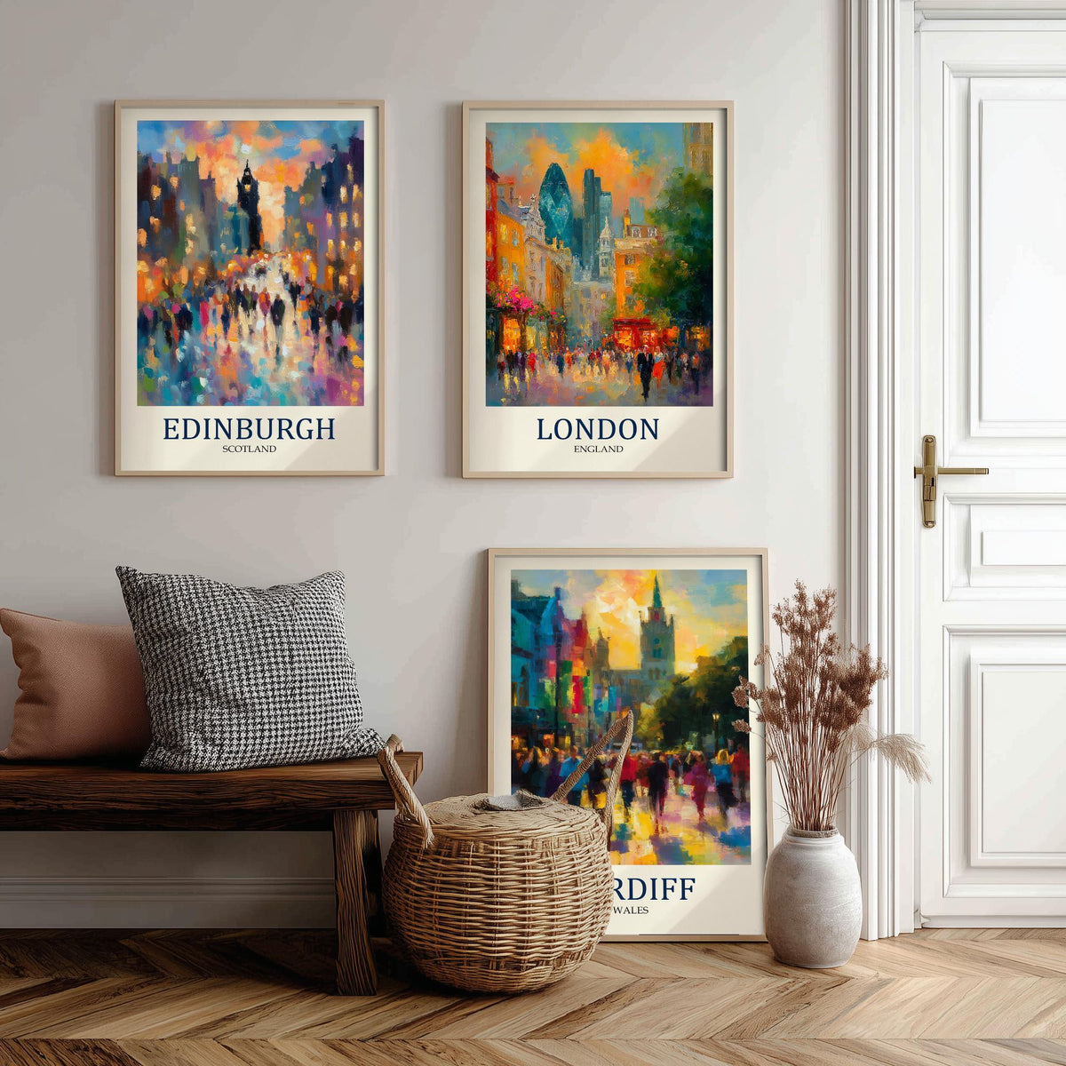 UK Capital Cities Set of Three Art Prints - Edinburgh London Cardiff - 3 Impressionist Posters - Fauvist Cityscape Painting Gift