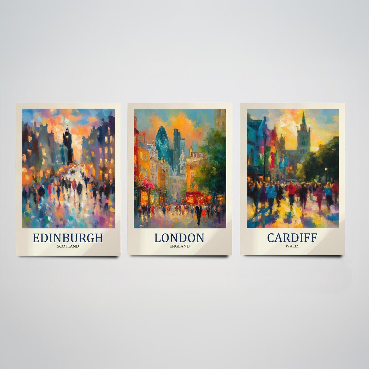 UK Capital Cities Set of Three Art Prints - Edinburgh London Cardiff - 3 Impressionist Posters - Fauvist Cityscape Painting Gift