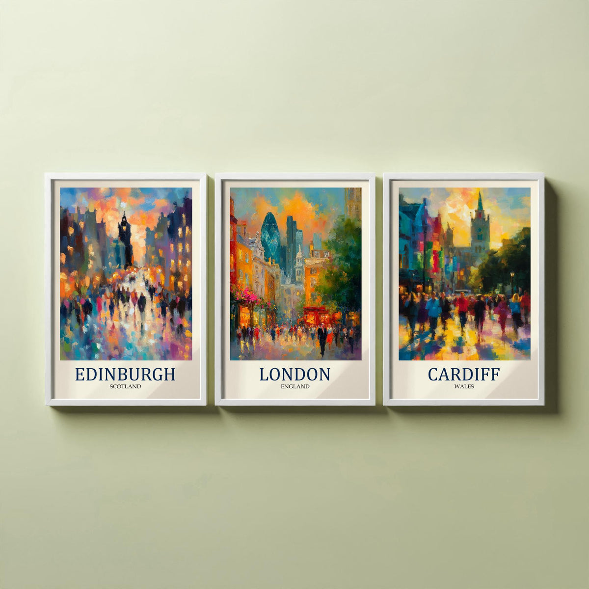 UK Capital Cities Set of Three Art Prints - Edinburgh London Cardiff - 3 Impressionist Posters - Fauvist Cityscape Painting Gift
