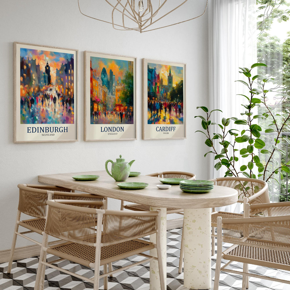 UK Capital Cities Set of Three Art Prints - Edinburgh London Cardiff - 3 Impressionist Posters - Fauvist Cityscape Painting Gift