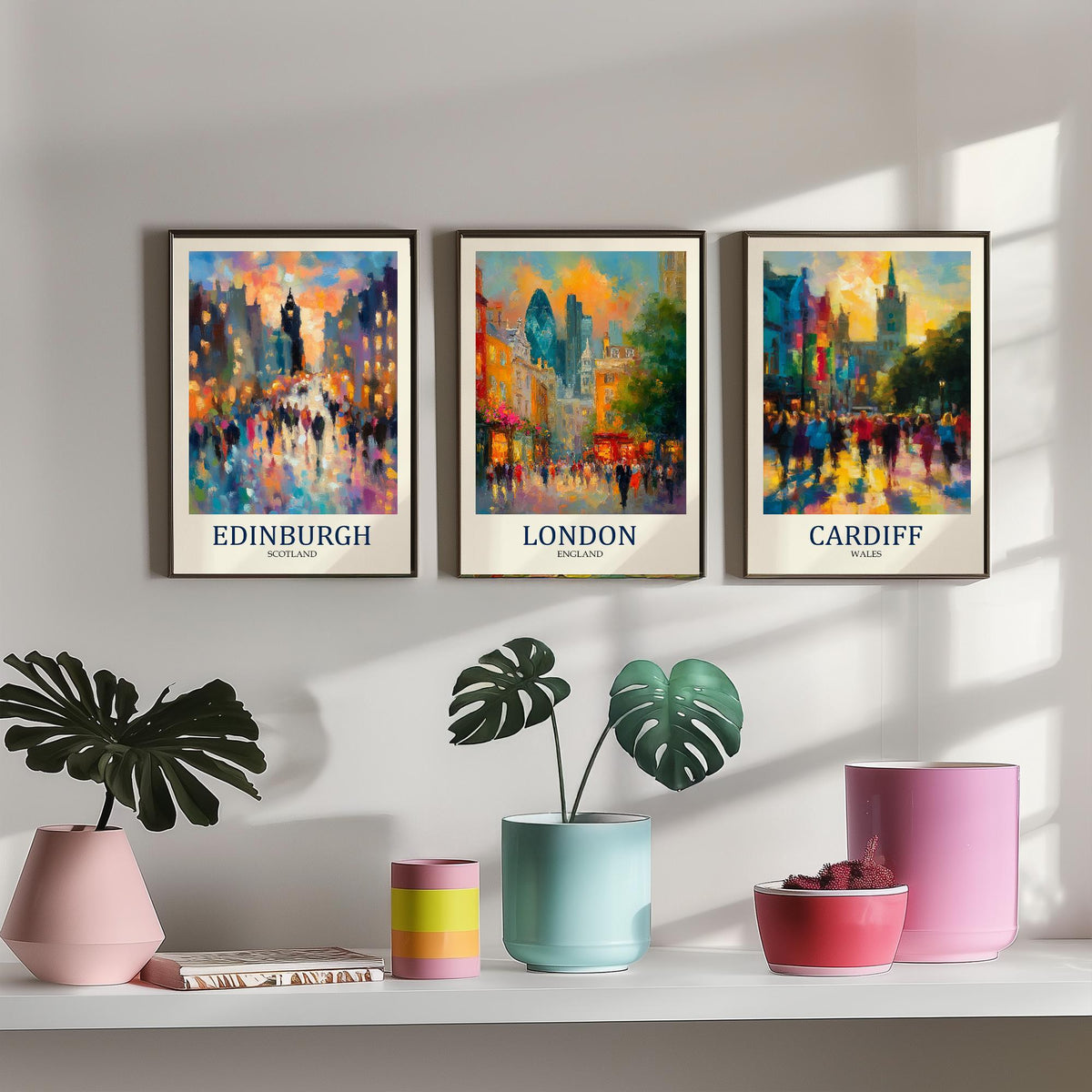 UK Capital Cities Set of Three Art Prints - Edinburgh London Cardiff - 3 Impressionist Posters - Fauvist Cityscape Painting Gift