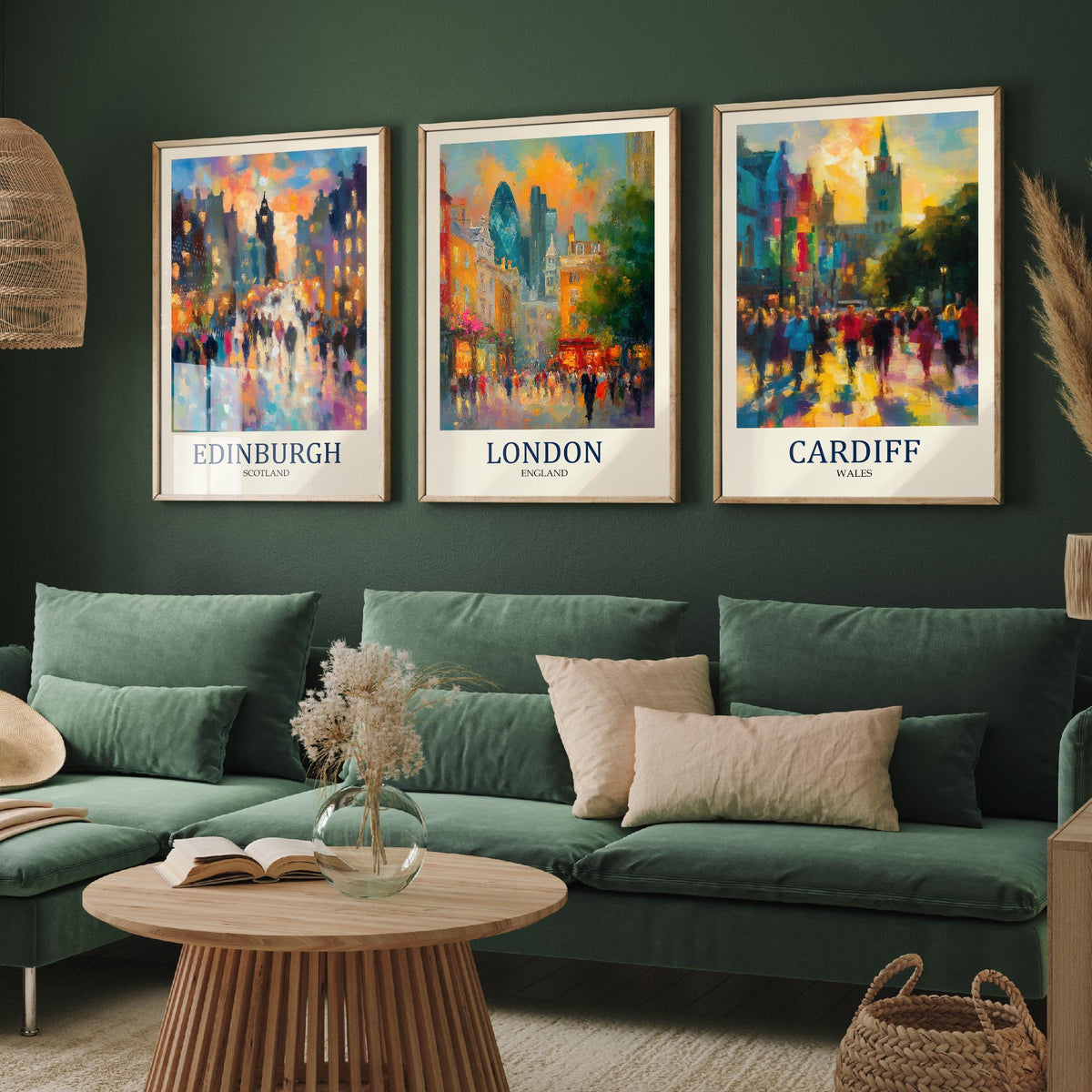 UK Capital Cities Set of Three Art Prints - Edinburgh London Cardiff - 3 Impressionist Posters - Fauvist Cityscape Painting Gift