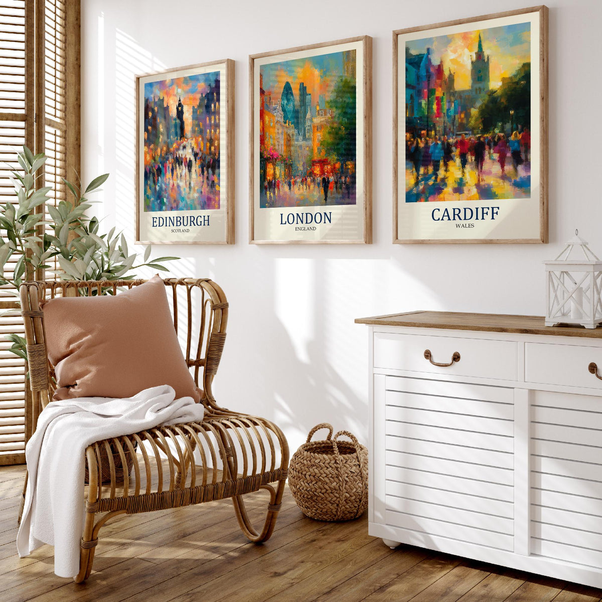 UK Capital Cities Set of Three Art Prints - Edinburgh London Cardiff - 3 Impressionist Posters - Fauvist Cityscape Painting Gift