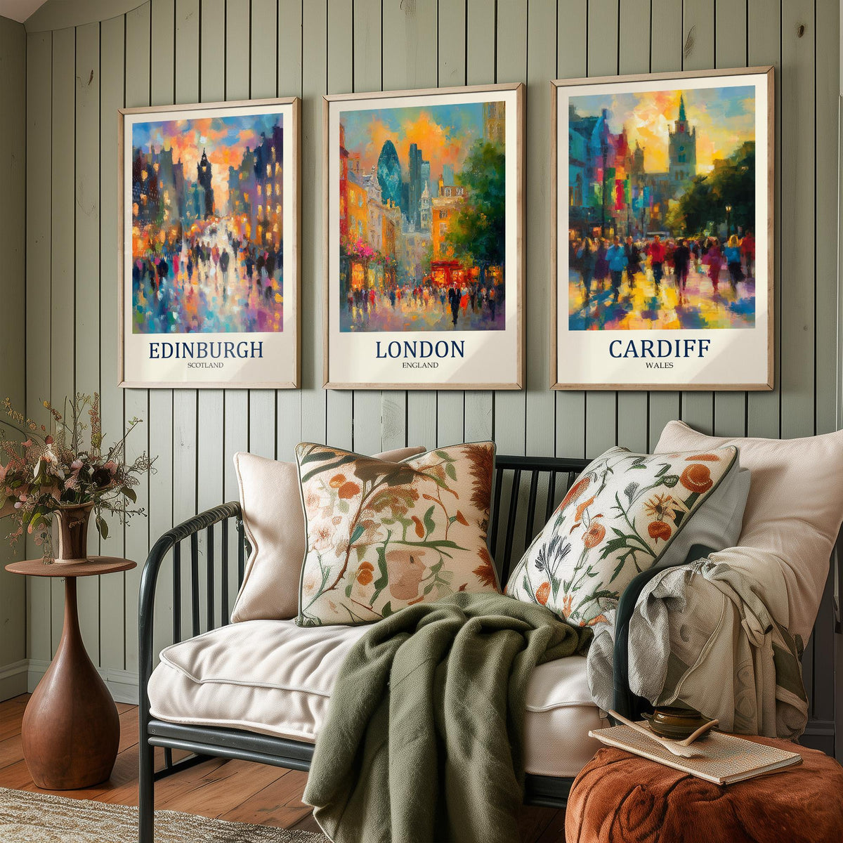 UK Capital Cities Set of Three Art Prints - Edinburgh London Cardiff - 3 Impressionist Posters - Fauvist Cityscape Painting Gift
