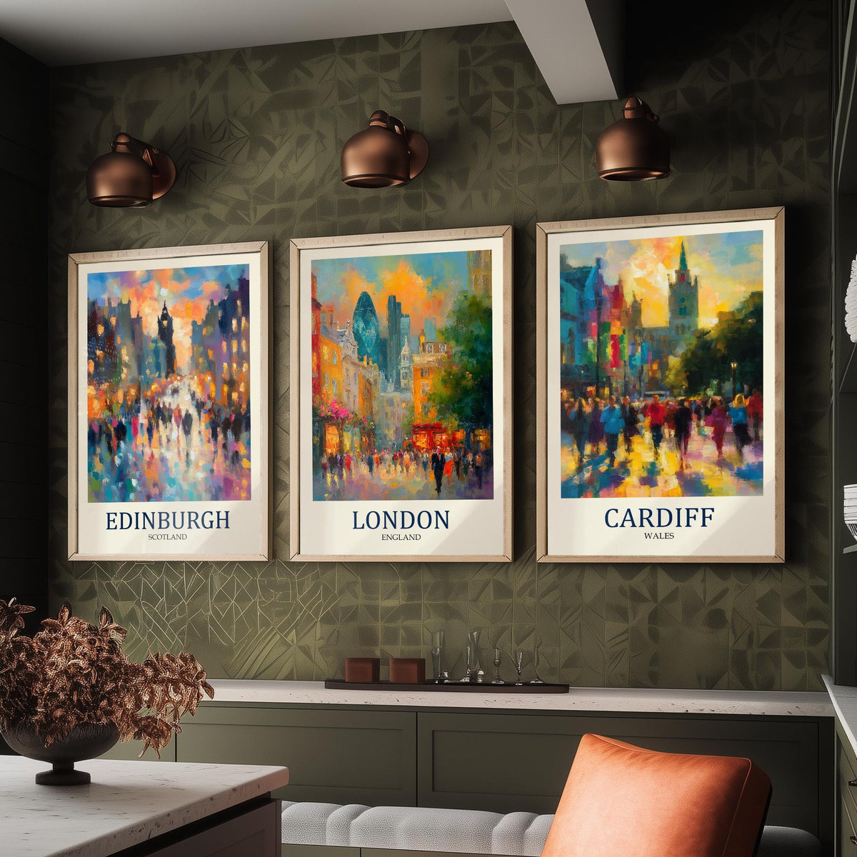 UK Capital Cities Set of Three Art Prints - Edinburgh London Cardiff - 3 Impressionist Posters - Fauvist Cityscape Painting Gift
