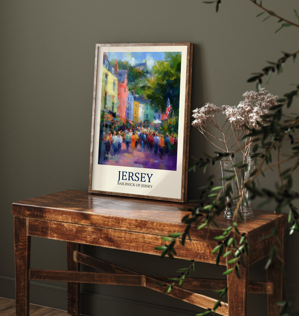 Jersey Channel Islands Travel Poster - Impressionist Town Art Print - Colourful Street Painting - Harbour Town 1/3