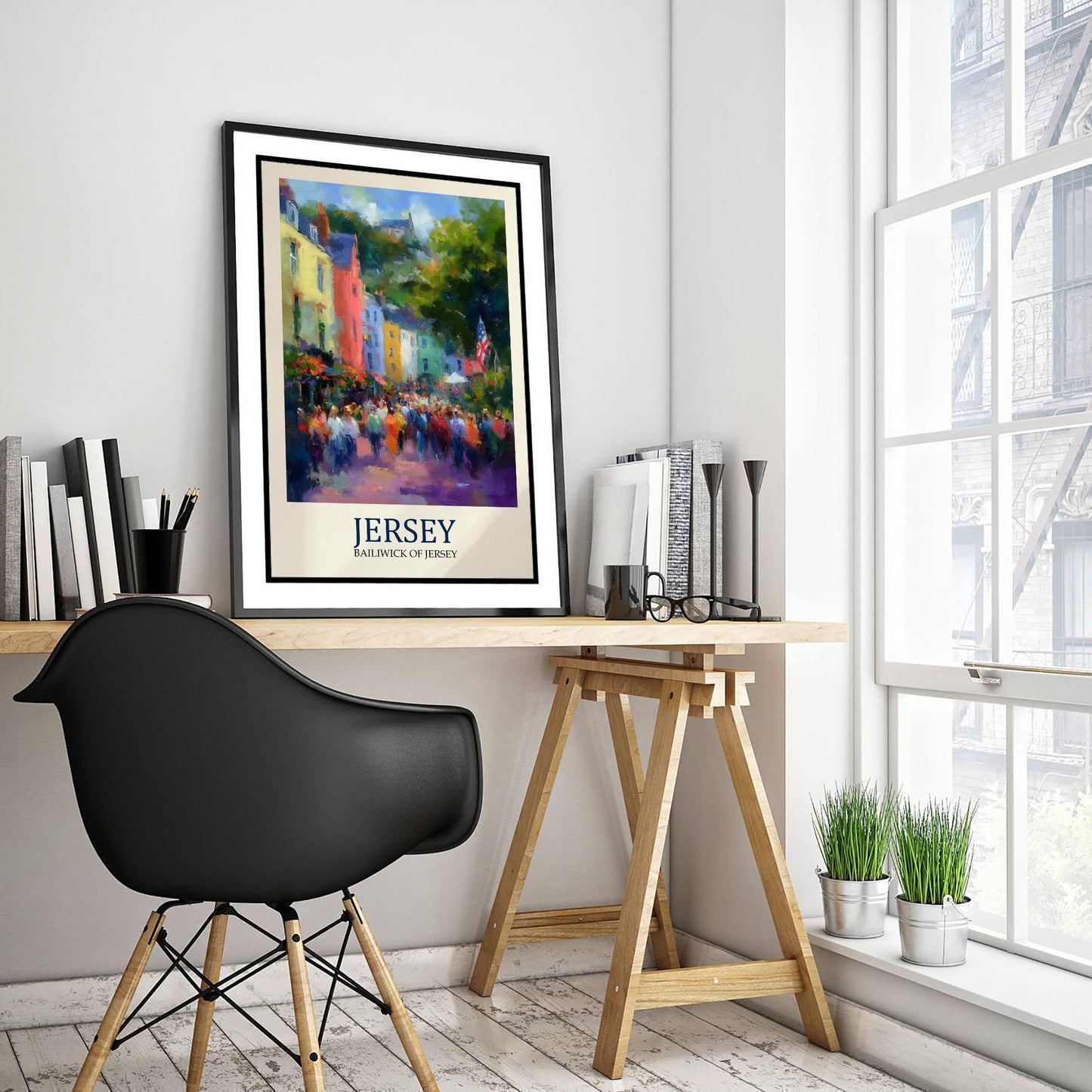 Jersey Channel Islands Travel Poster - Impressionist Town Art Print - Colourful Street Painting - Harbour Town 1/3