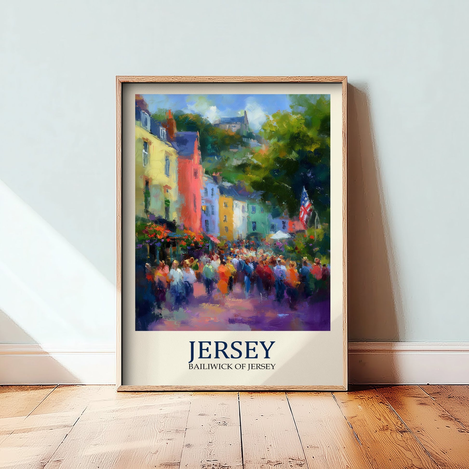 Jersey Channel Islands Travel Poster - Impressionist Town Art Print - Colourful Street Painting - Harbour Town 1/3