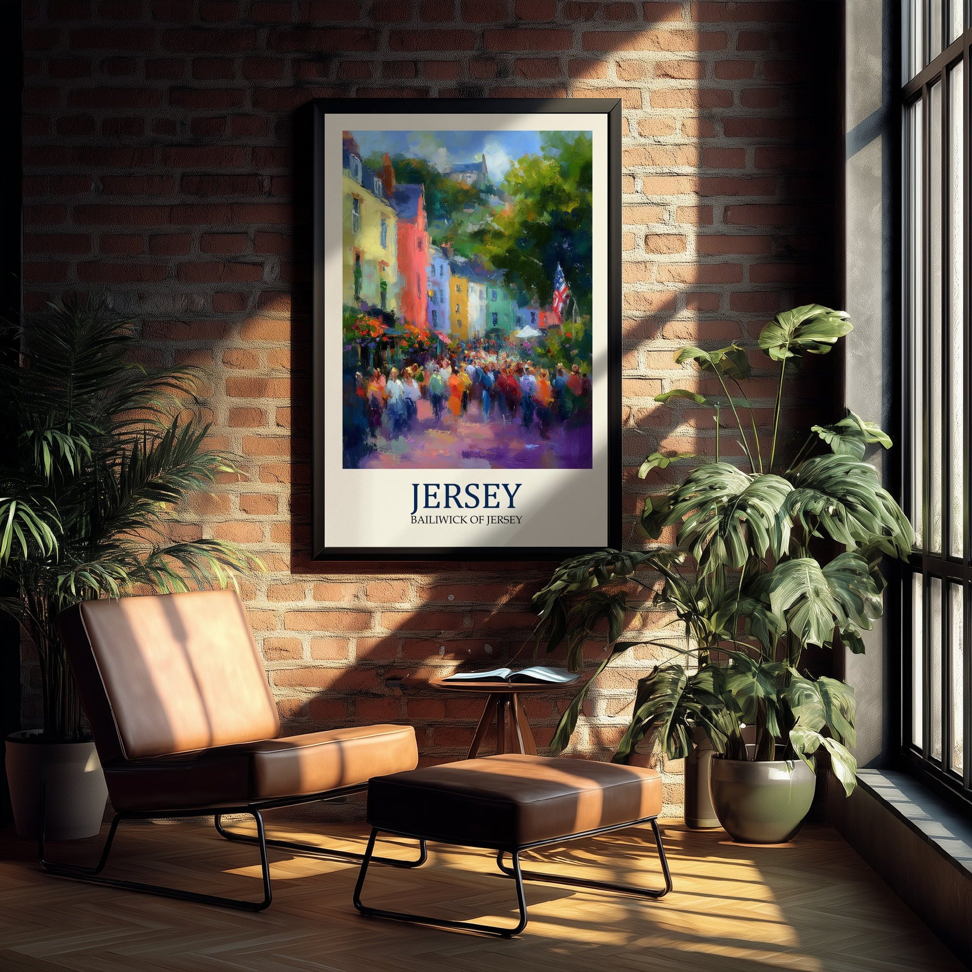 Jersey Channel Islands Travel Poster - Impressionist Town Art Print - Colourful Street Painting - Harbour Town 1/3