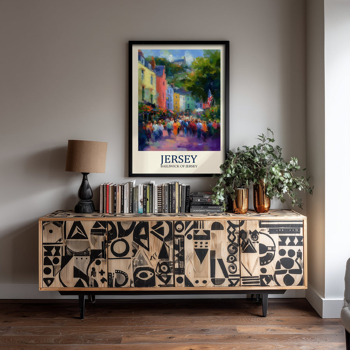 Jersey Channel Islands Travel Poster - Impressionist Town Art Print - Colourful Street Painting - Harbour Town 1/3