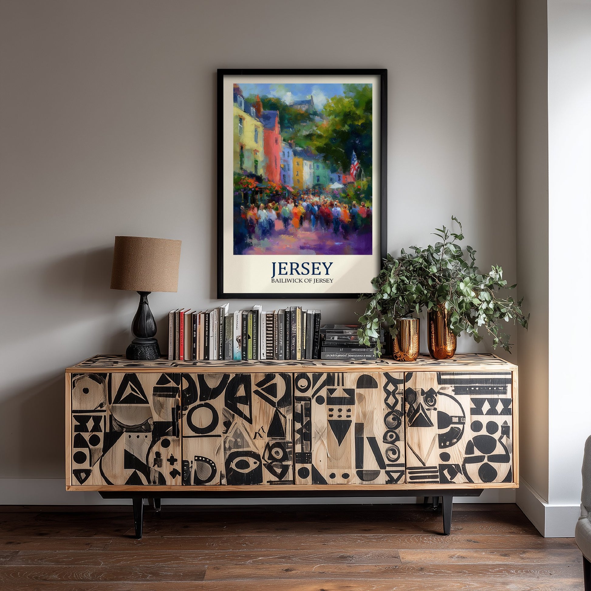 Jersey Channel Islands Travel Poster - Impressionist Town Art Print - Colourful Street Painting - Harbour Town 1/3