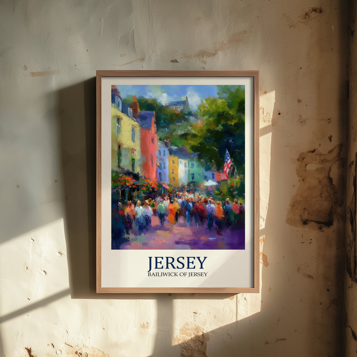 Jersey Channel Islands Travel Poster - Impressionist Town Art Print - Colourful Street Painting - Harbour Town 1/3
