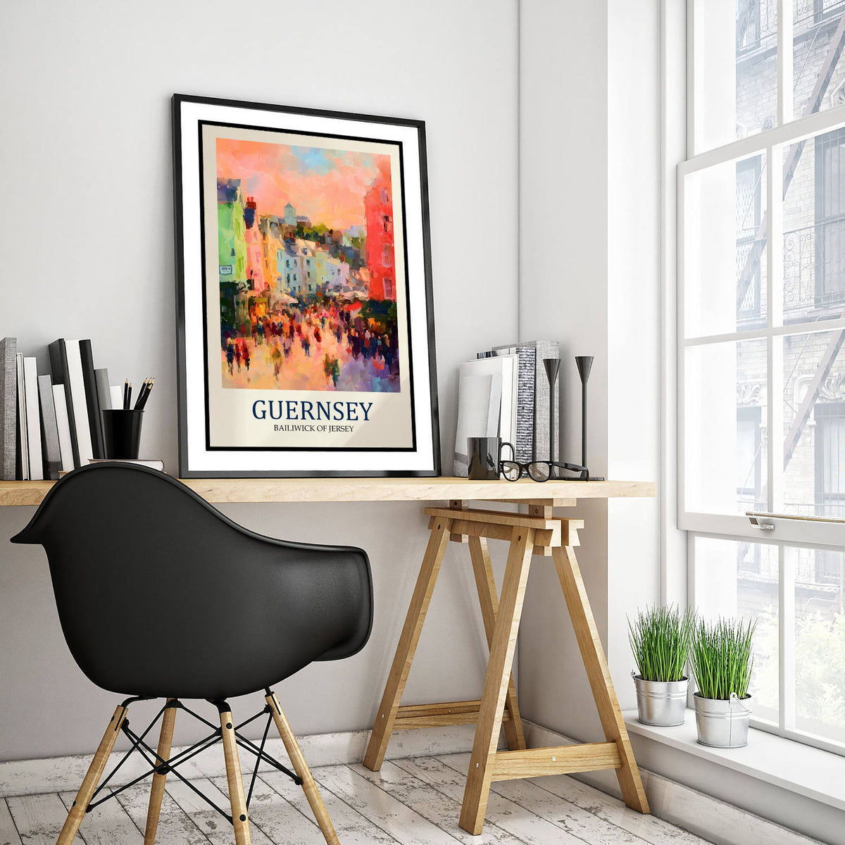 Guernsey Channel Islands Travel Poster - Impressionist Town Art Print - Colourful Street Painting - Harbour Town 2/3