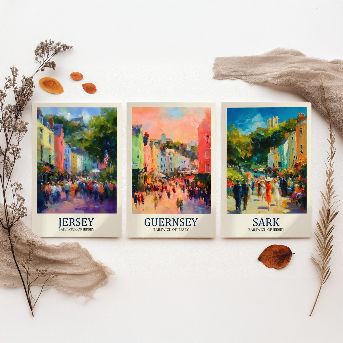 Channel Islands Set of Three Art Prints - Jersey Guernsey Sark - 3 Impressionist Posters - Fauvist Coastal Cityscape Painting Gift