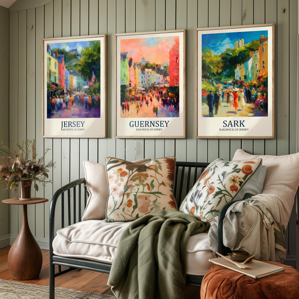 Channel Islands Set of Three Art Prints - Jersey Guernsey Sark - 3 Impressionist Posters - Fauvist Coastal Cityscape Painting Gift