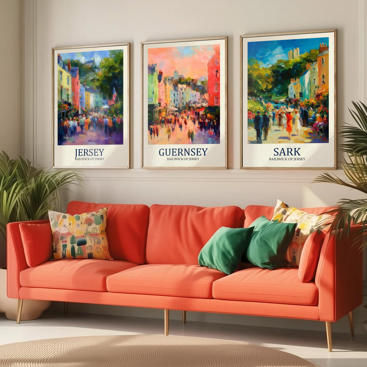 Channel Islands Set of Three Art Prints - Jersey Guernsey Sark - 3 Impressionist Posters - Fauvist Coastal Cityscape Painting Gift