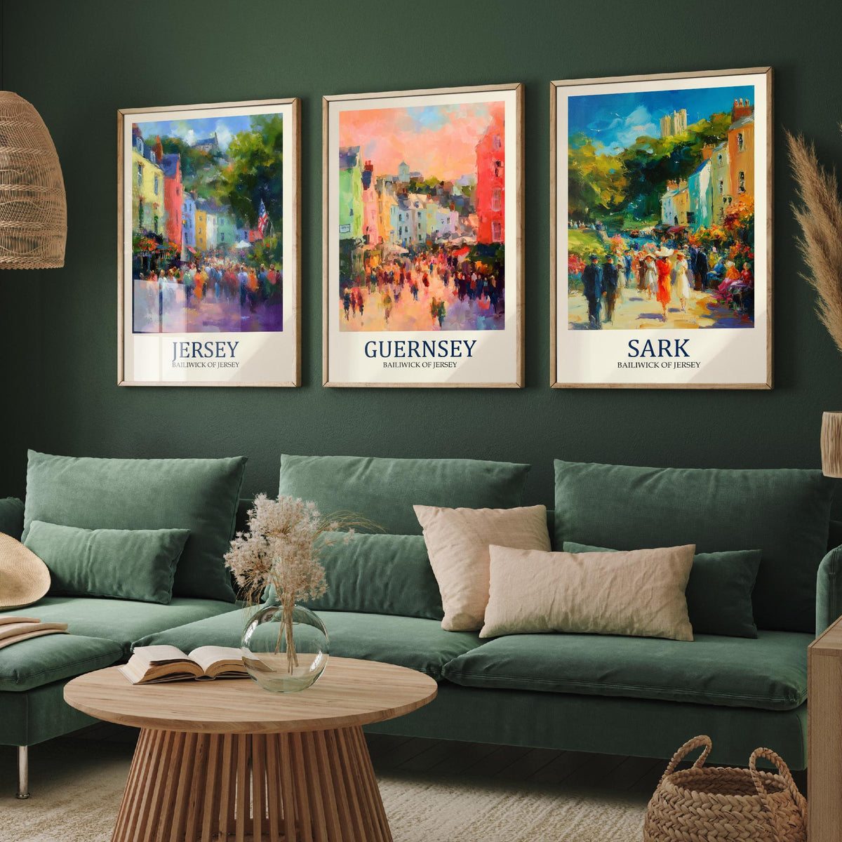 Channel Islands Set of Three Art Prints - Jersey Guernsey Sark - 3 Impressionist Posters - Fauvist Coastal Cityscape Painting Gift