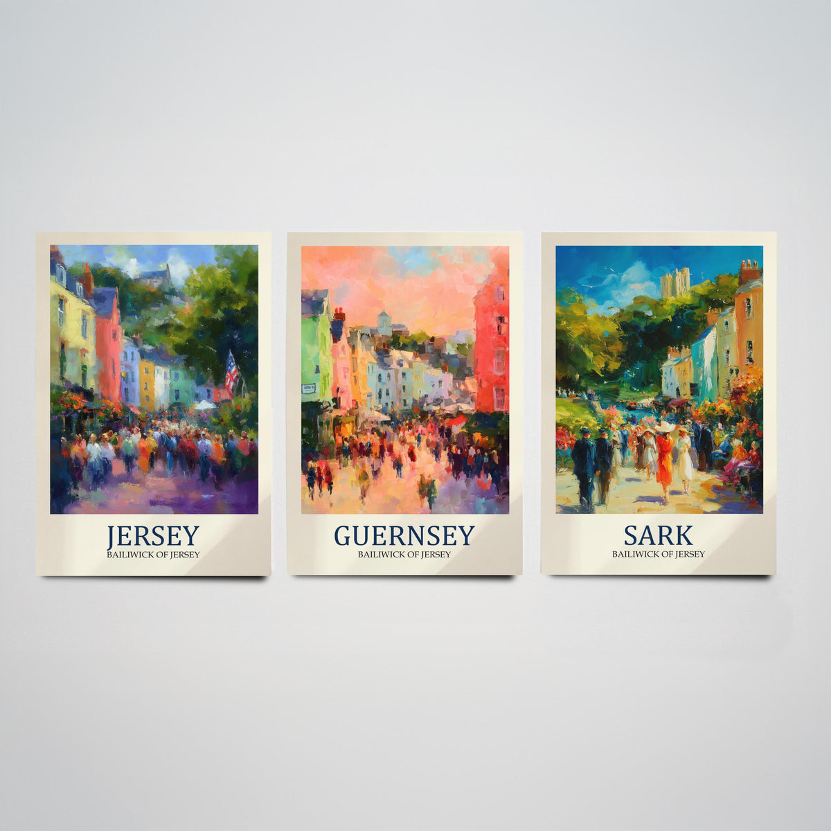 Channel Islands Set of Three Art Prints - Jersey Guernsey Sark - 3 Impressionist Posters - Fauvist Coastal Cityscape Painting Gift