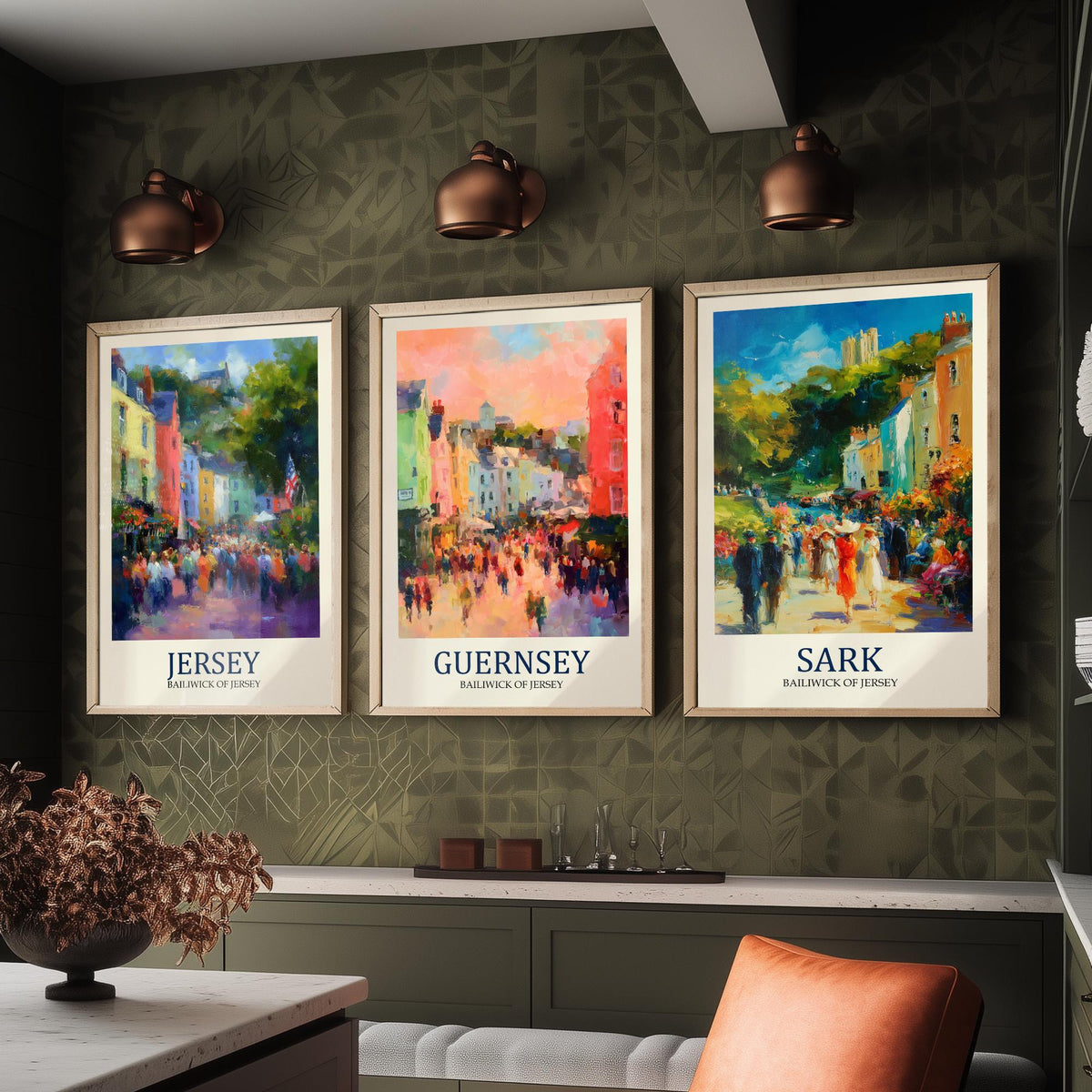 Channel Islands Set of Three Art Prints - Jersey Guernsey Sark - 3 Impressionist Posters - Fauvist Coastal Cityscape Painting Gift