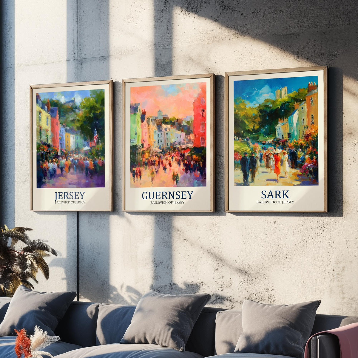 Channel Islands Set of Three Art Prints - Jersey Guernsey Sark - 3 Impressionist Posters - Fauvist Coastal Cityscape Painting Gift