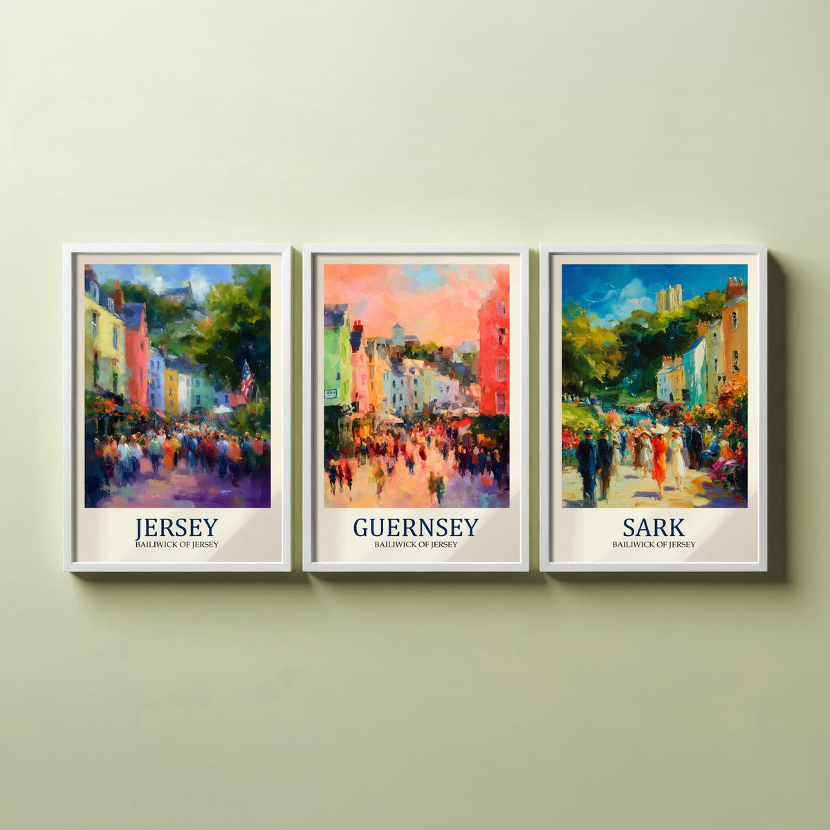 Channel Islands Set of Three Art Prints - Jersey Guernsey Sark - 3 Impressionist Posters - Fauvist Coastal Cityscape Painting Gift