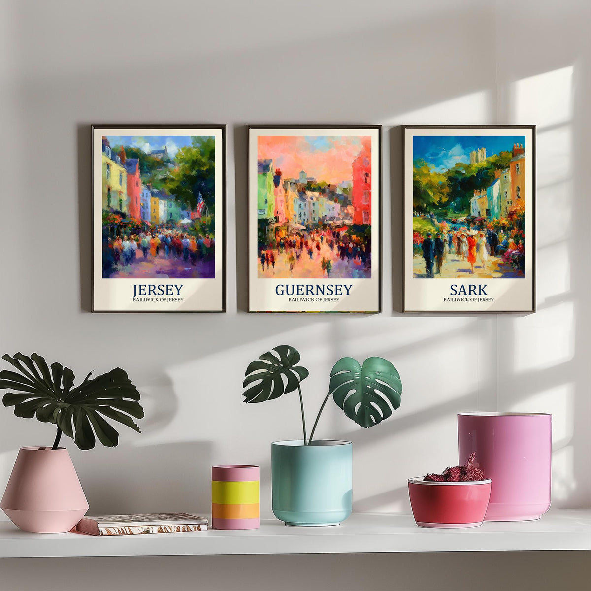 Channel Islands Set of Three Art Prints - Jersey Guernsey Sark - 3 Impressionist Posters - Fauvist Coastal Cityscape Painting Gift