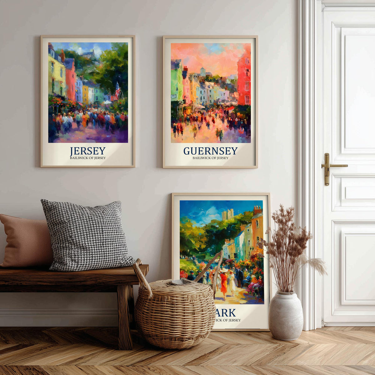 Channel Islands Set of Three Art Prints - Jersey Guernsey Sark - 3 Impressionist Posters - Fauvist Coastal Cityscape Painting Gift