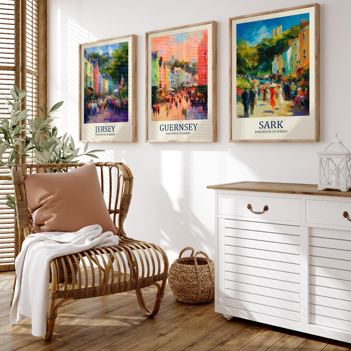 Channel Islands Set of Three Art Prints - Jersey Guernsey Sark - 3 Impressionist Posters - Fauvist Coastal Cityscape Painting Gift