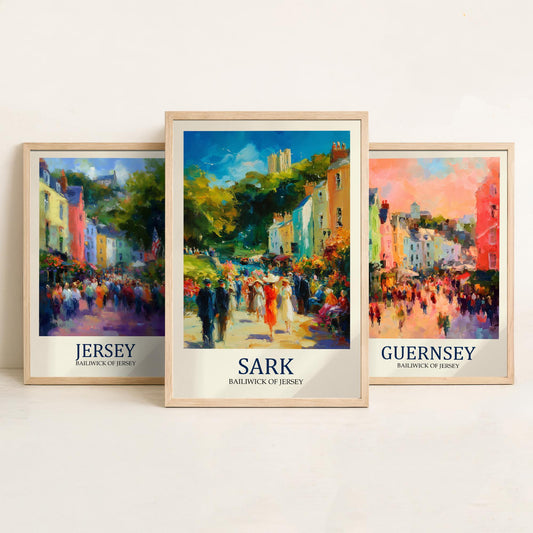 Channel Islands Set of Three Art Prints - Jersey Guernsey Sark - 3 Impressionist Posters - Fauvist Coastal Cityscape Painting Gift