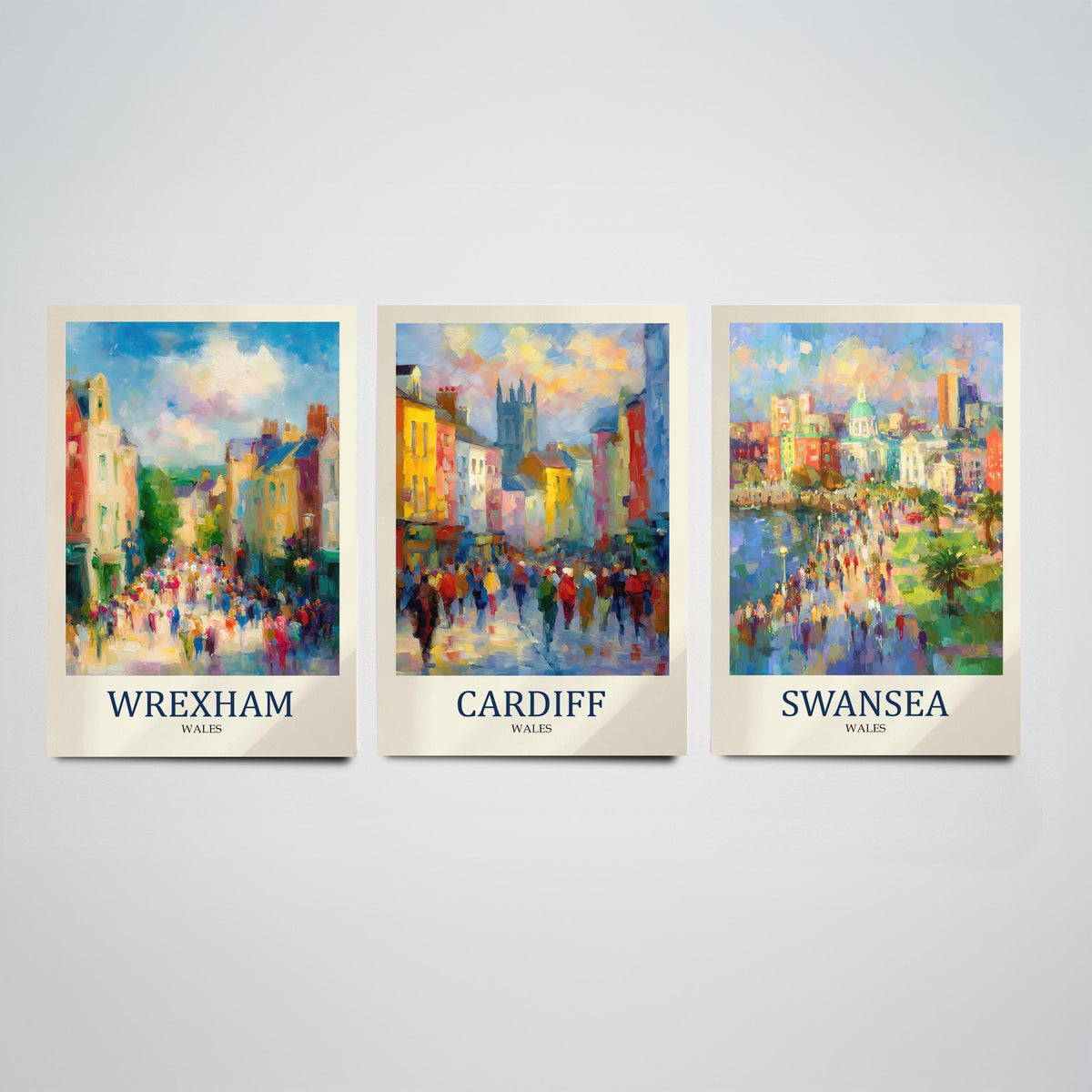 Cities of Wales Set of Three Art Prints - Wrexham Cardiff Swansea - 3 Impressionist Posters - Fauvist Welsh Cityscape Painting Gift