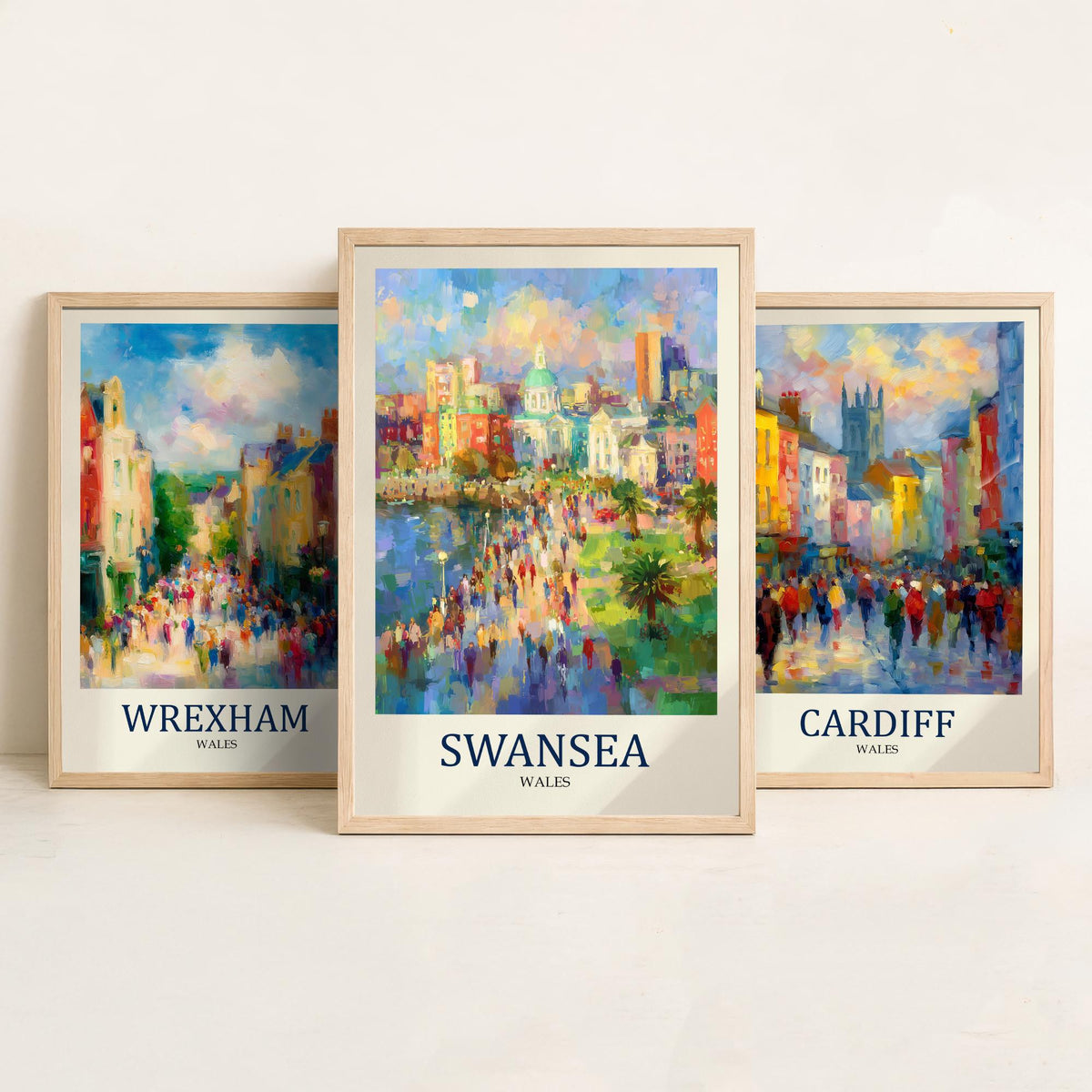 Cities of Wales Set of Three Art Prints - Wrexham Cardiff Swansea - 3 Impressionist Posters - Fauvist Welsh Cityscape Painting Gift