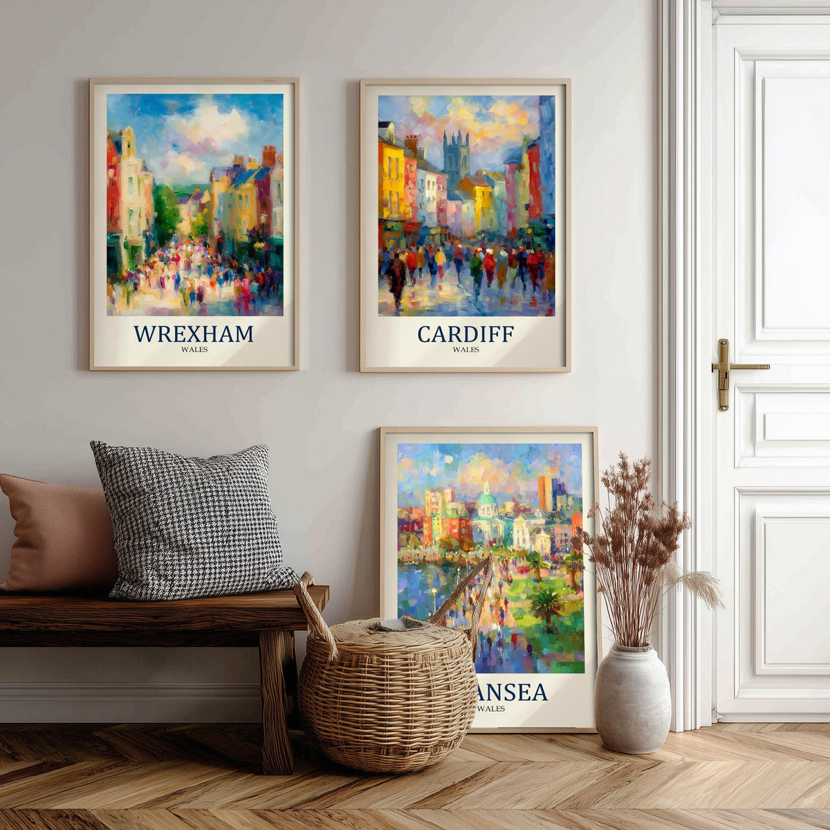 Cities of Wales Set of Three Art Prints - Wrexham Cardiff Swansea - 3 Impressionist Posters - Fauvist Welsh Cityscape Painting Gift