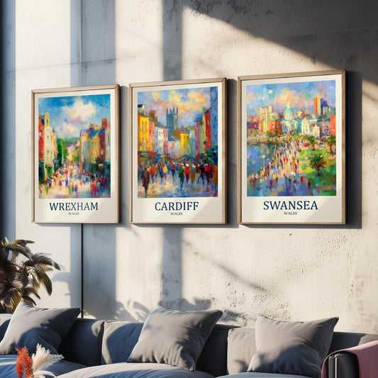 Cities of Wales Set of Three Art Prints - Wrexham Cardiff Swansea - 3 Impressionist Posters - Fauvist Welsh Cityscape Painting Gift