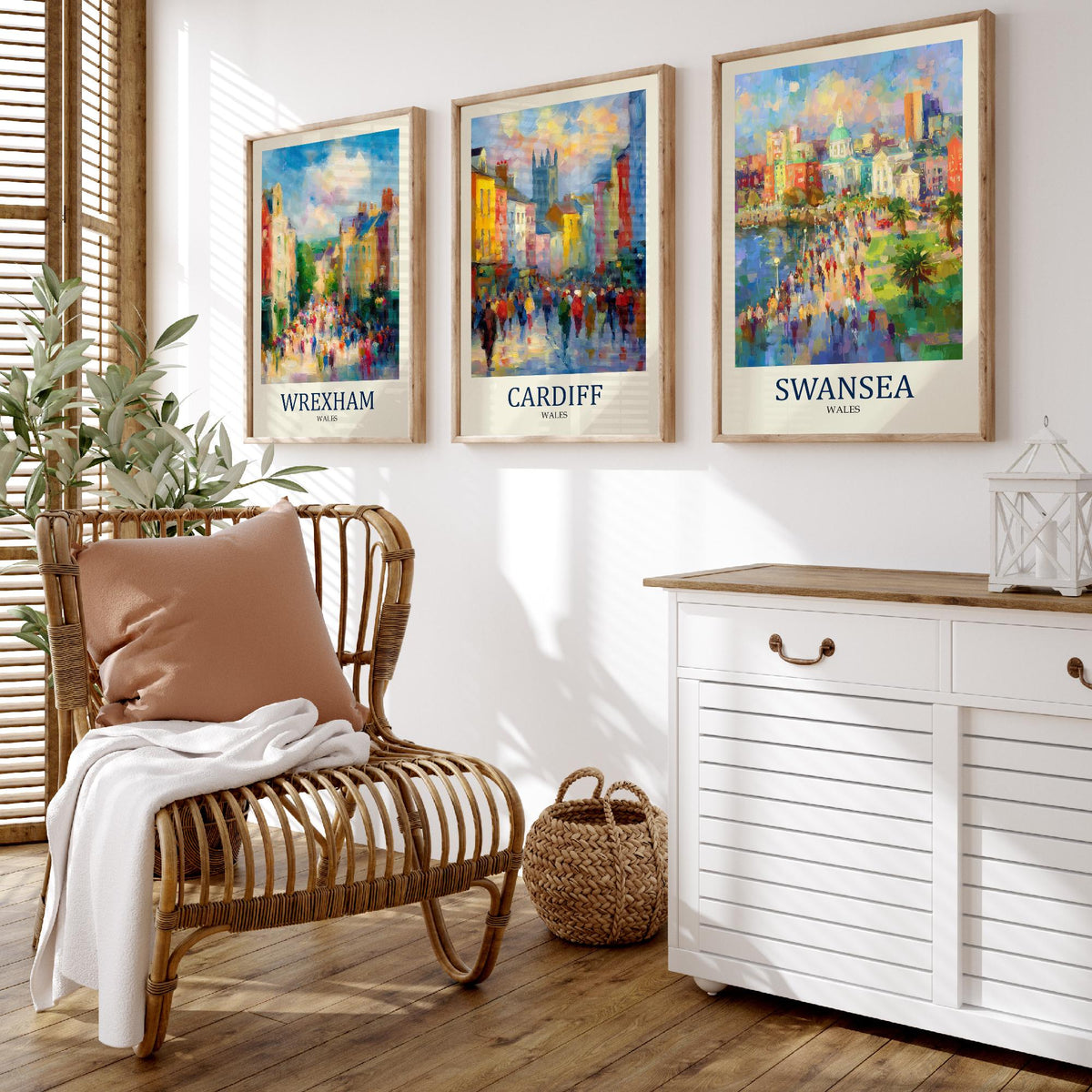 Cities of Wales Set of Three Art Prints - Wrexham Cardiff Swansea - 3 Impressionist Posters - Fauvist Welsh Cityscape Painting Gift