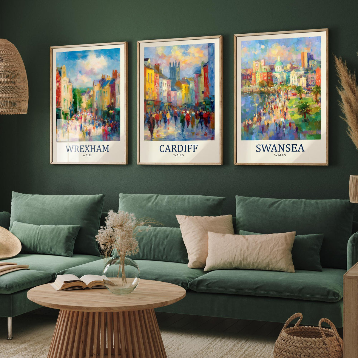 Cities of Wales Set of Three Art Prints - Wrexham Cardiff Swansea - 3 Impressionist Posters - Fauvist Welsh Cityscape Painting Gift