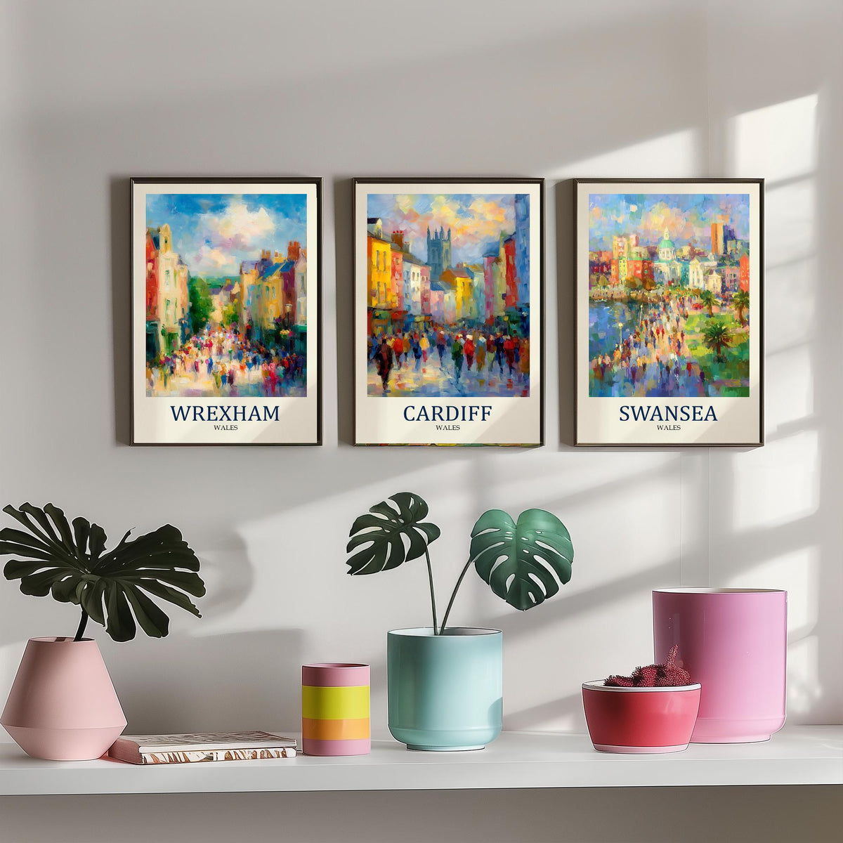 Cities of Wales Set of Three Art Prints - Wrexham Cardiff Swansea - 3 Impressionist Posters - Fauvist Welsh Cityscape Painting Gift