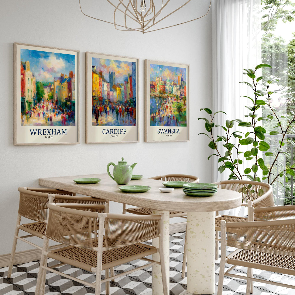 Cities of Wales Set of Three Art Prints - Wrexham Cardiff Swansea - 3 Impressionist Posters - Fauvist Welsh Cityscape Painting Gift