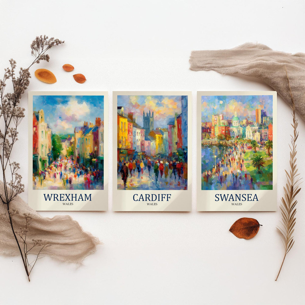 Cities of Wales Set of Three Art Prints - Wrexham Cardiff Swansea - 3 Impressionist Posters - Fauvist Welsh Cityscape Painting Gift