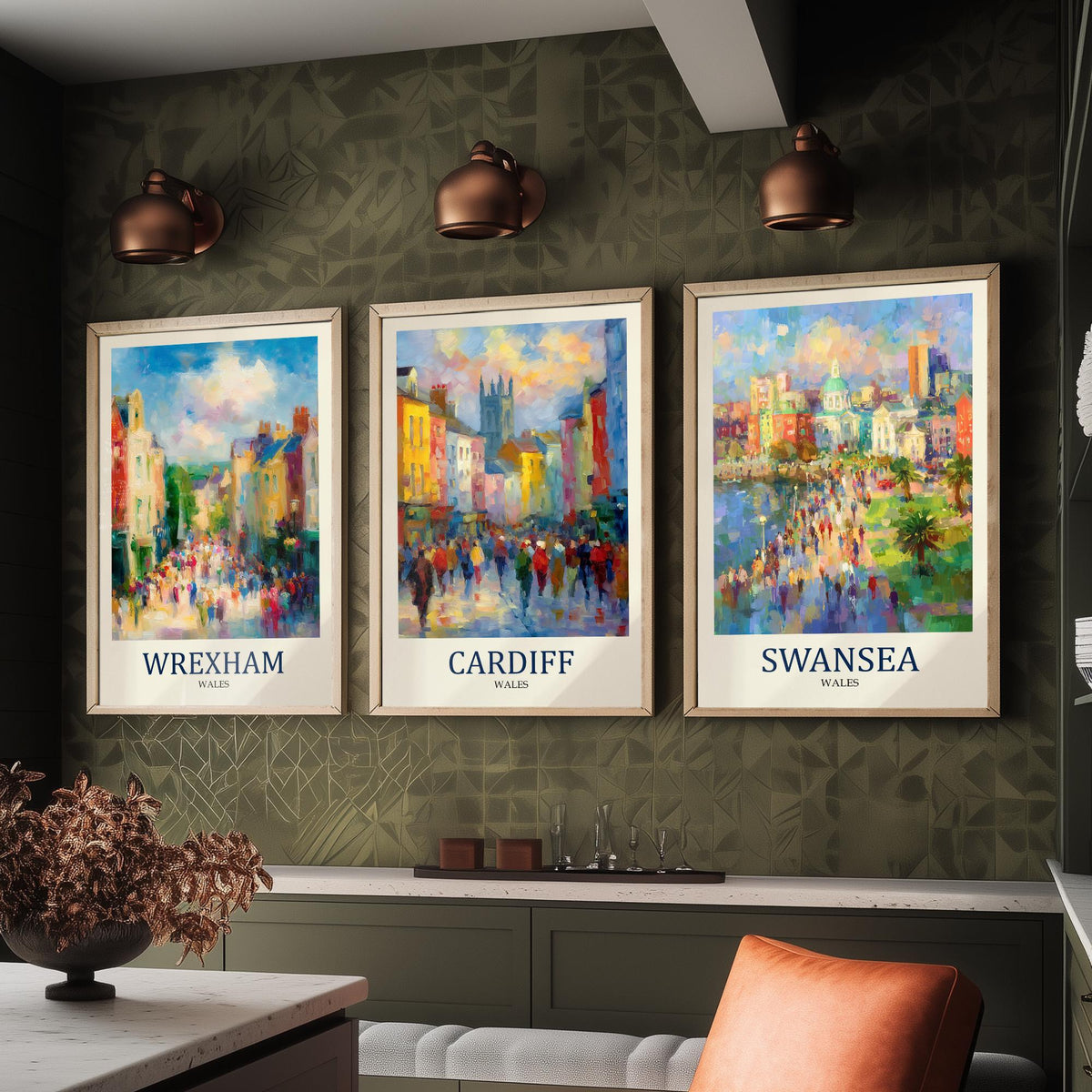 Cities of Wales Set of Three Art Prints - Wrexham Cardiff Swansea - 3 Impressionist Posters - Fauvist Welsh Cityscape Painting Gift