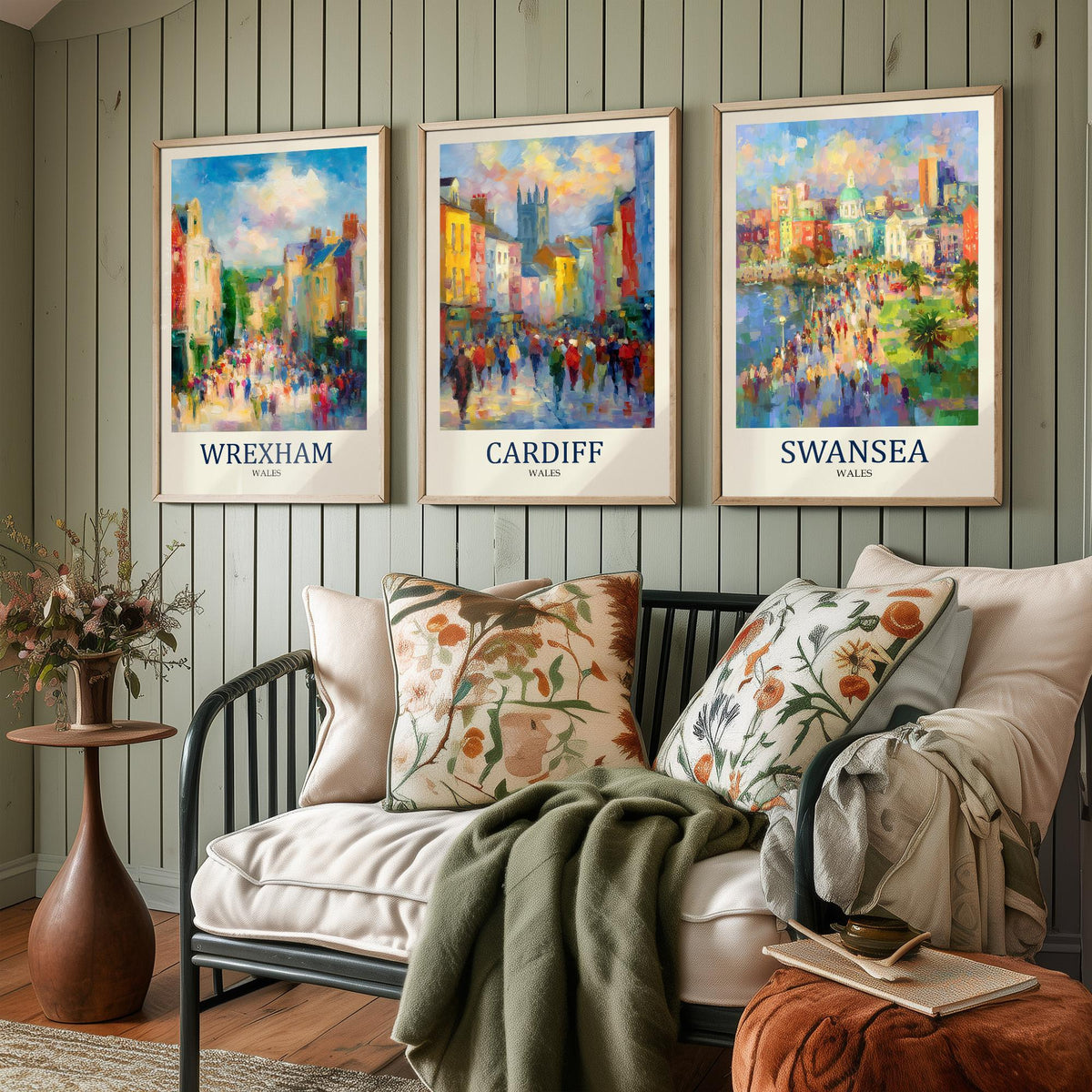 Cities of Wales Set of Three Art Prints - Wrexham Cardiff Swansea - 3 Impressionist Posters - Fauvist Welsh Cityscape Painting Gift