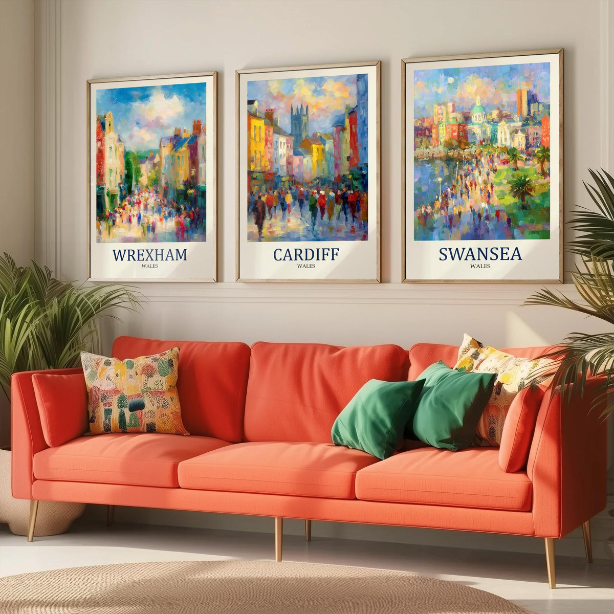 Cities of Wales Set of Three Art Prints - Wrexham Cardiff Swansea - 3 Impressionist Posters - Fauvist Welsh Cityscape Painting Gift