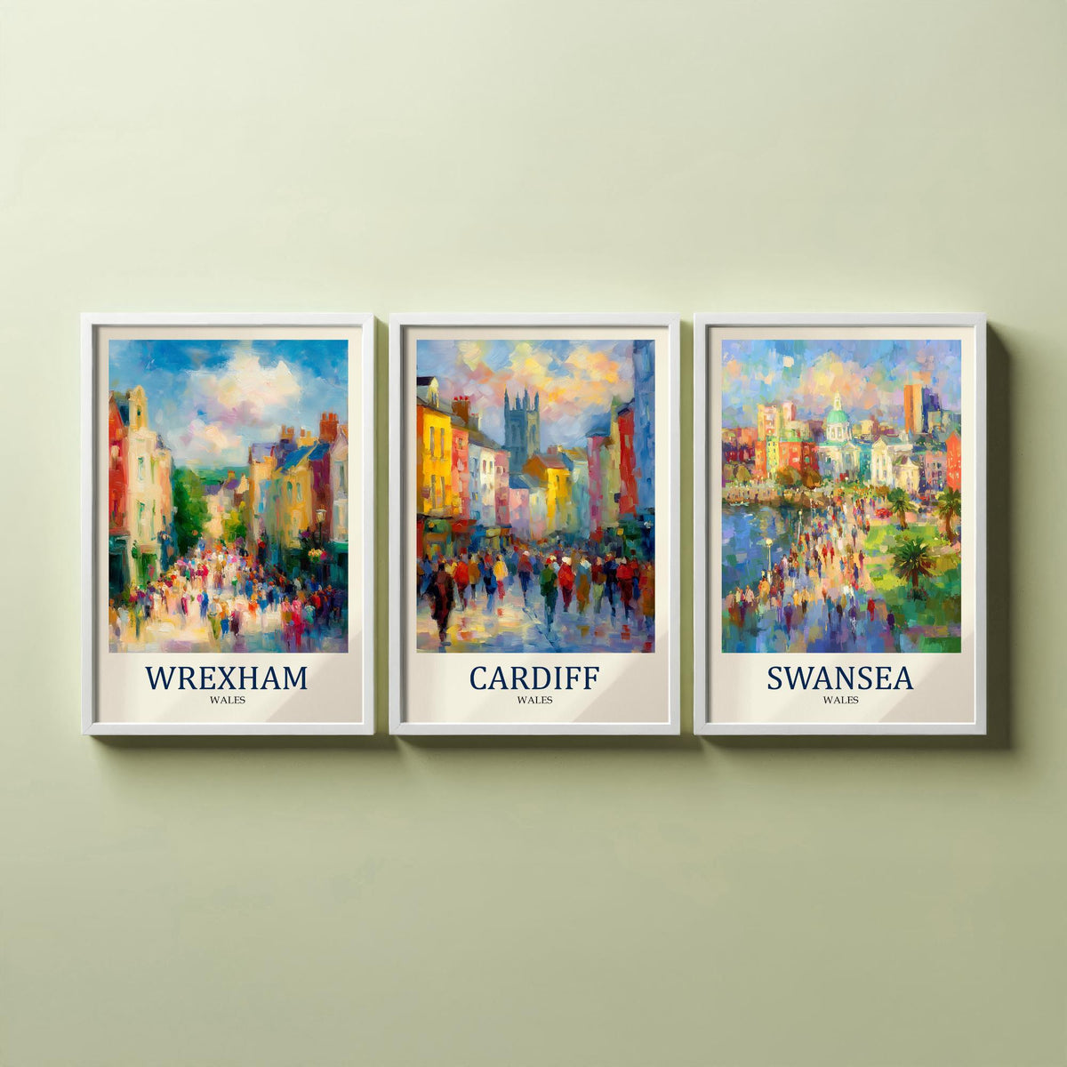 Cities of Wales Set of Three Art Prints - Wrexham Cardiff Swansea - 3 Impressionist Posters - Fauvist Welsh Cityscape Painting Gift