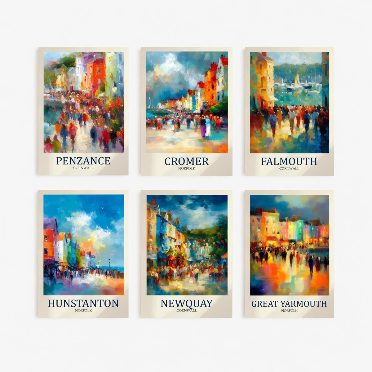 Set of Six Seaside Town Art Prints - 6 Fauvist Posters - Penzance, Cromer, Falmouth, Hunstanton, Newquay, Great Yarmouth Painting