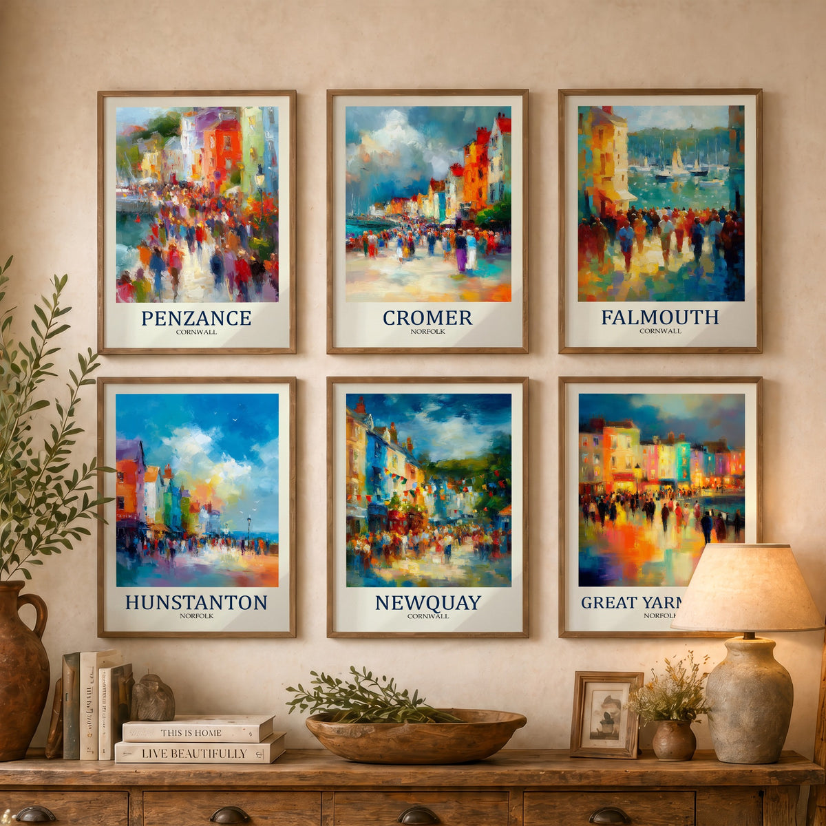 Set of Six Seaside Town Art Prints - 6 Fauvist Posters - Penzance, Cromer, Falmouth, Hunstanton, Newquay, Great Yarmouth Painting